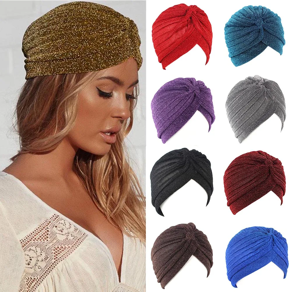 Top Trends: New Bling Gold Silk Headband For Women Knot Twist Turban Cap Warm Stretch Knitted Headscarf Indian Hat Muslim Headpiece Bandanas Shoppable Styles