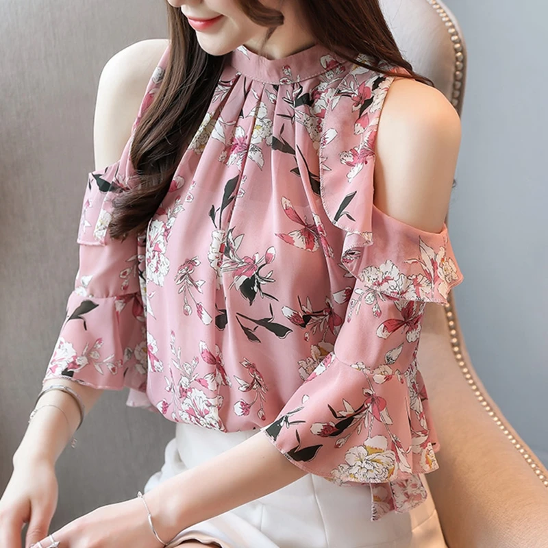 Top Trends: Korean Blouse Women Clothing Shirt Ladies Tops Floral Chiffon Ruffles Stand Butterfly Sleeve Blusas Hollow Female Tops Plus Szie Shoppable Styles