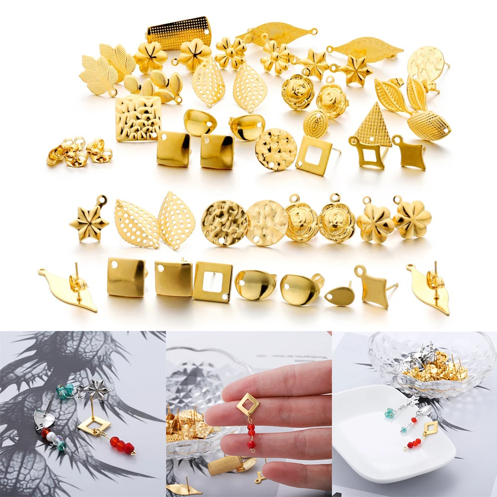 Top Trends: 10pcs Stainless Steel Geometric Round Earring Stud Golden Earrings Base With Earring Plug Connectors For DIY Jewelry Making Shoppable Styles