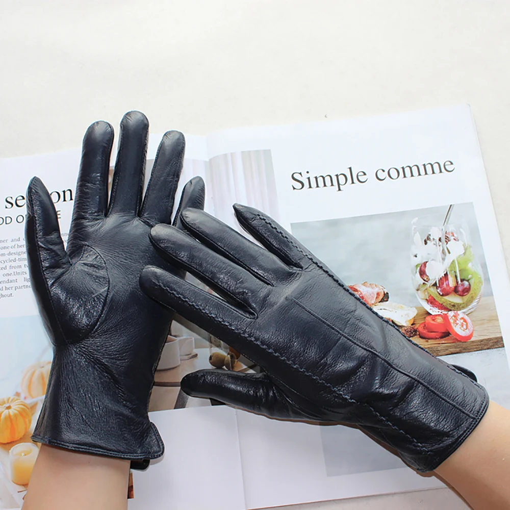 Top Trends: New Women Color Leather Gloves Striped Style Velvet Lining Autumn And Winter Warm High Quality Sheepskin Gloves Shoppable Styles - Image 3