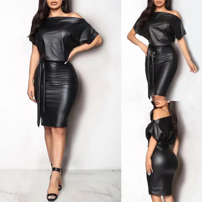 Top Trends: New Women Sexy PU Leather Dress Elegant Formal Party Office Lady Midi Dress Skinny Zipper Black Dress Off Shoulder Bandage Club Shoppable Styles