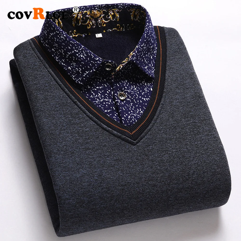 Top Trends: Covrlge Plus Velvet Padded Shirt Collar Sweater Men&#039;s Loose Knit Fit Slim Sweater Warm Winter Fake Two-piece Sweater Male MZM146 Shoppable Styles