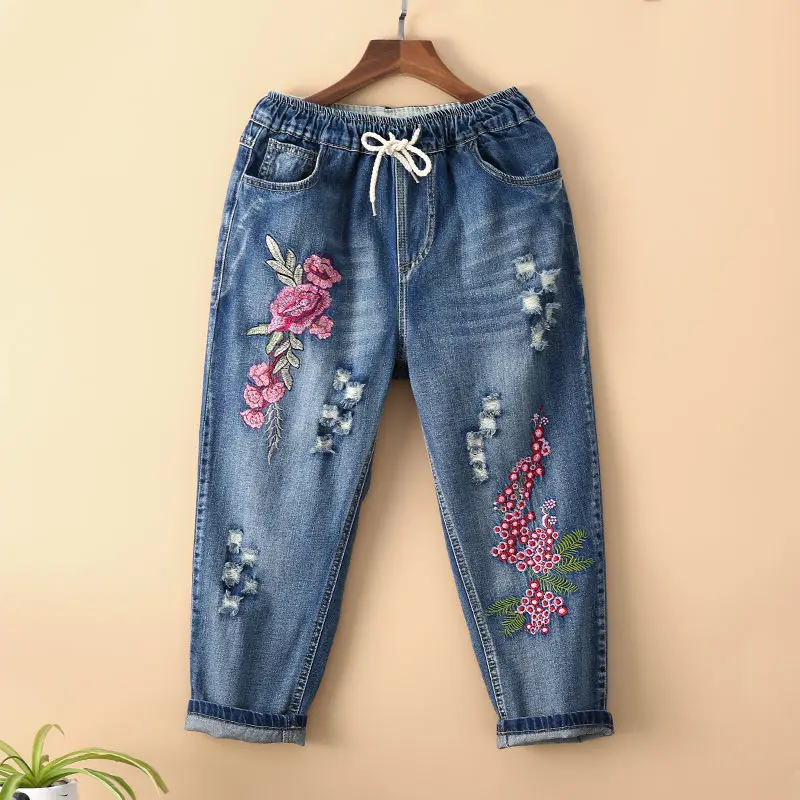 Top Trends: Women High Waist Jeans Capris New 2022Spring Summer Vintage Floral Embroidery Loose Female Casual Ripped Denim Harem Pants Shoppable Styles