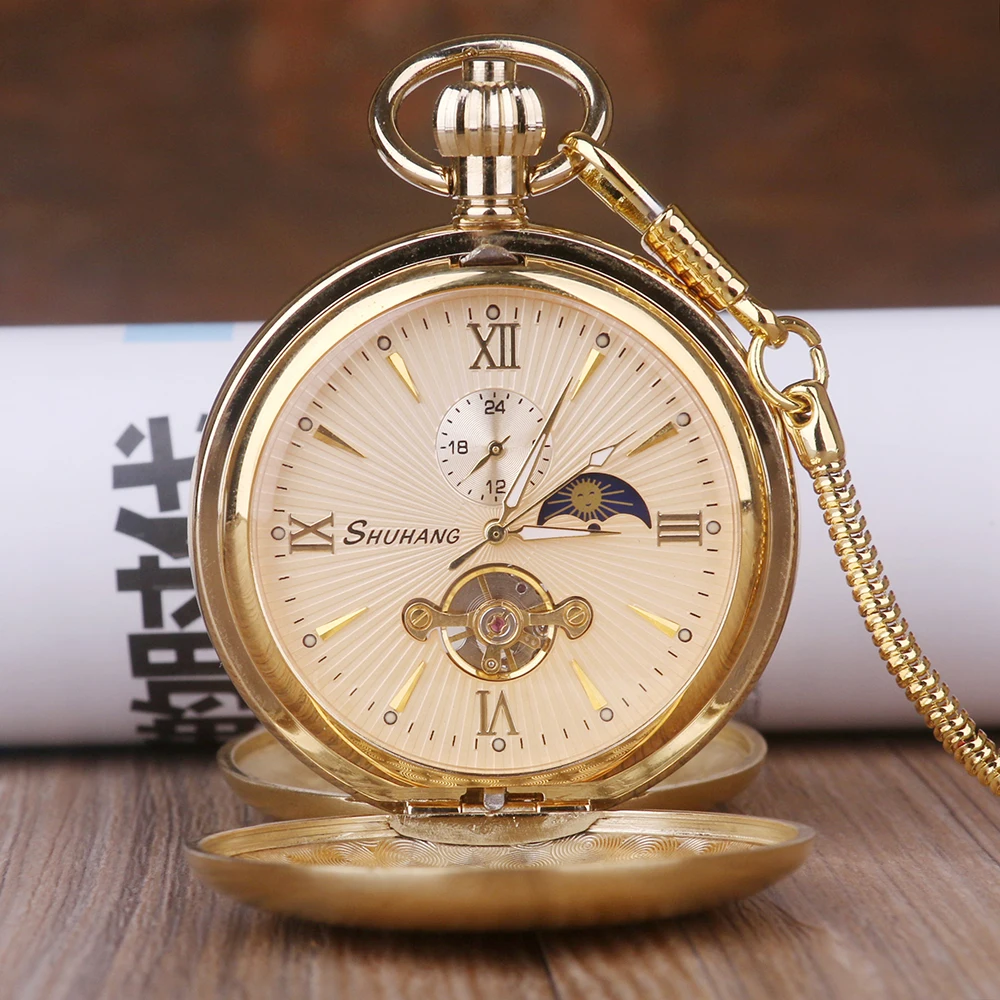 Top Trends: High Quality Gold Full Steel Snake FOB Chain Mechanical Pocket Watch Hand Winding Antique Vintage Roman Clock Men Gifts + Box Shoppable Styles