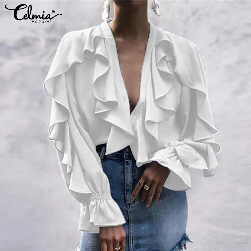 Top Trends: Women White Blouse Celmia 2023 Fashion Elegant Ruffled Tops Sexy V Neck Long Sleeve Shirt Female Casual Button Streetwear Blusas Shoppable Styles - Image 2