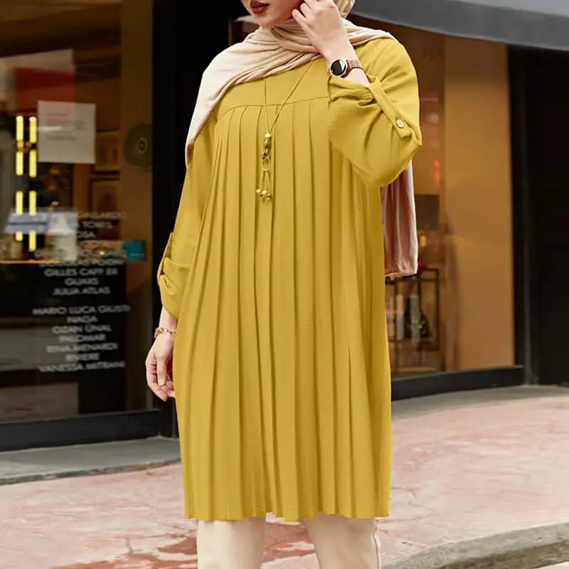 Top Trends: Pleated Solid Shirt ZANZEA Women Summer Full Sleeve Muslim Blouse Dubai Turkey Abaya Blusas Casual Long Tops Tunic Shoppable Styles