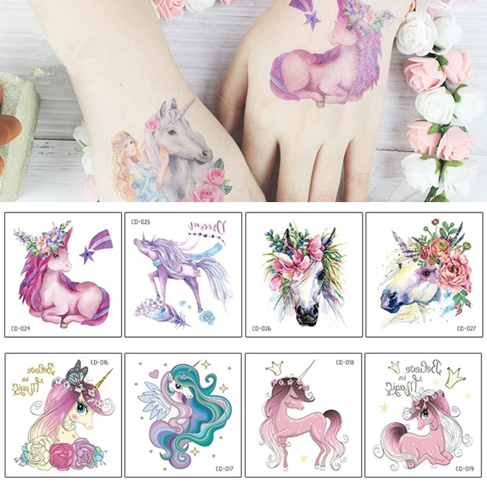 Top Trends: 5Pcs / Set Unicorns Tattoo Stickers Watercolor Flowers Horse Waterproof Temporary Disposable Body Art Makeup Tatouage Temporaire Shoppable Styles