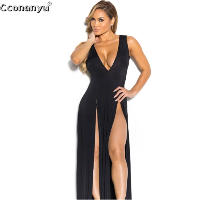 Top Trends: 2019 Summer Women Ladies Sexy Deep V-Neck Split Dresses Sleeveles Party Asymmetrical Floor-Length Bandage Dress Shoppable Styles