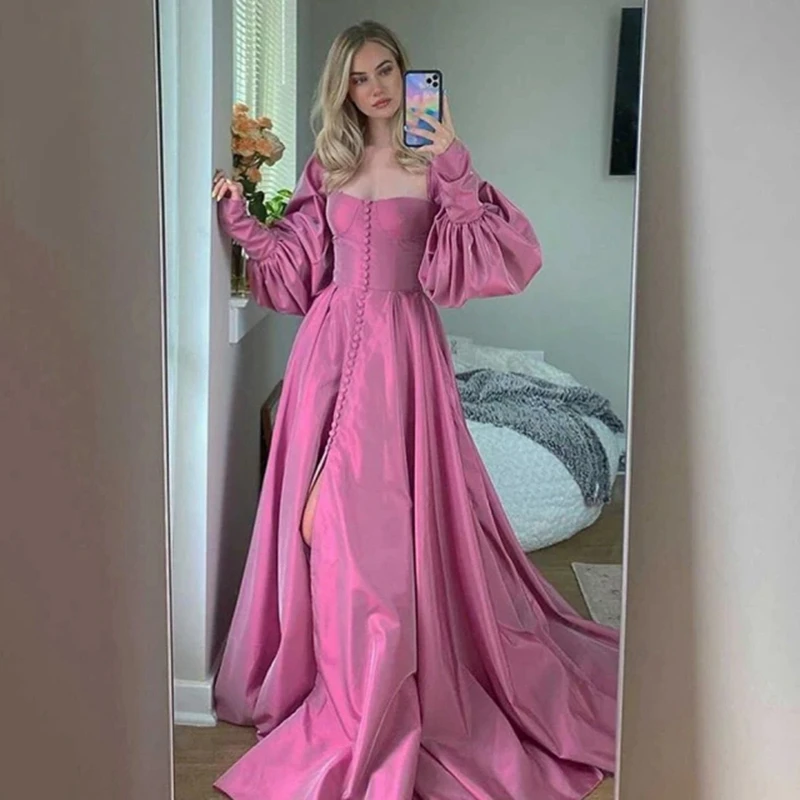 Top Trends: LORIE Elegant Pink Prom Dress Bishop Sleeves High Slit Taffeta Evening Dresses Sweetheart A-line Long Party Gowns With Buttons Shoppable Styles