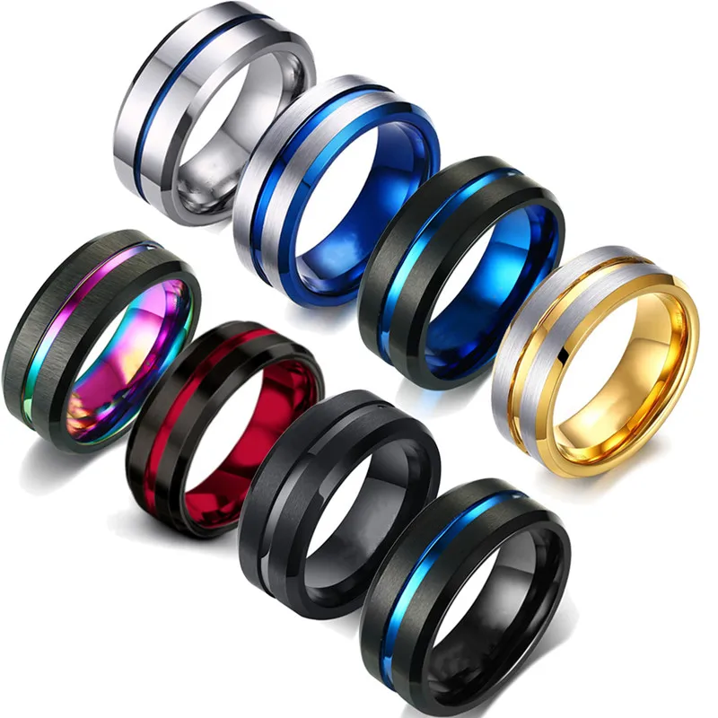 Top Trends: FDLK Fashion 8MM Men&#039;s Stainless Steel Rings Colorful Groove Beveled Edge Wedding Engagement Ring Men&#039;s Anniversary Jewelry Shoppable Styles