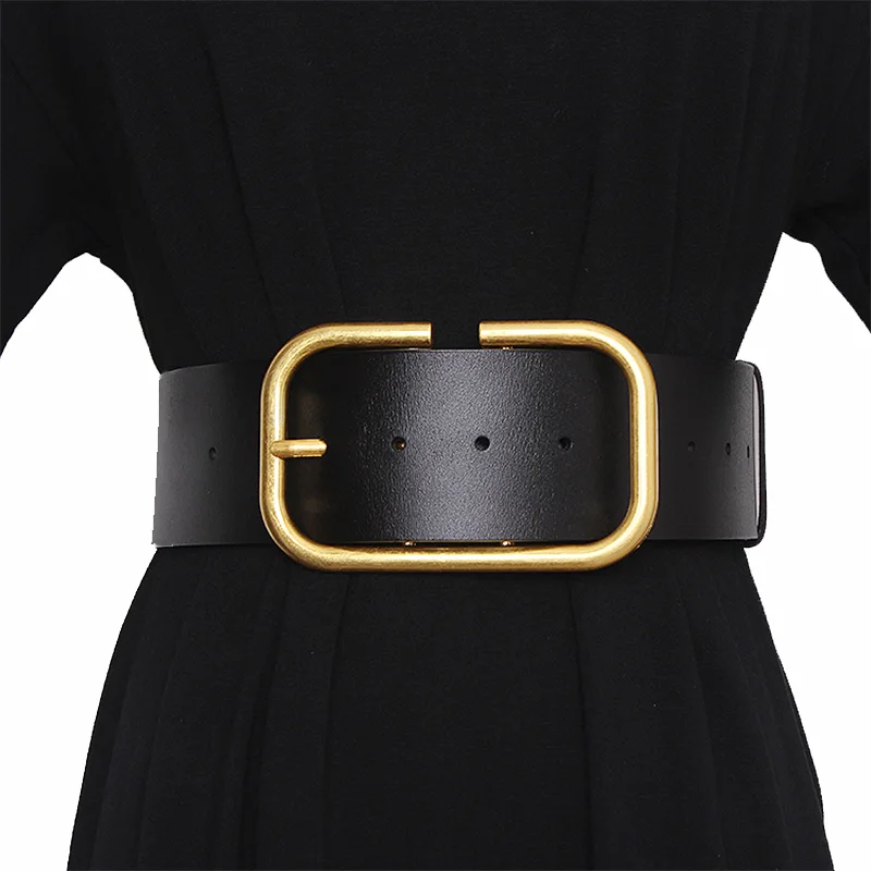 Top Trends: Leather Wide Belt For Women Gold Square Buckle Pin Buckle Jeans Black Belt Luxury Brand Ladies Vintage Strap Female Waistband Shoppable Styles