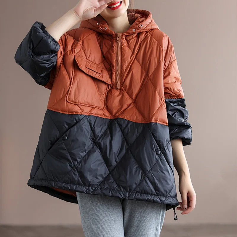 Top Trends: 2023 New Autumn Winter Cotton Jacket Women Lightweight Splicing Loose Hooded Pullover White Coat Parkas Hoodie Outerwear Shoppable Styles