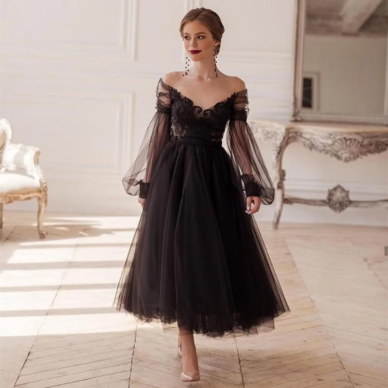 Top Trends: LSYX Black Princess Evening Dress 2023 A-Line Illusion Long Sleeve V-Neck Lace Appliques Ankle-Length Elegant Party Prom Gown Shoppable Styles