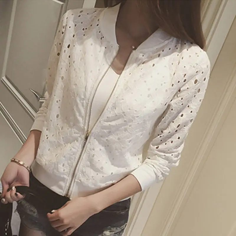 Top Trends: Spring / summer 2021 Large Size Cardigan Lace Thin Bomber Jacket Coat Long Sleeve Short Hollow Baseball Uniform Sunscreen Women Shoppable Styles