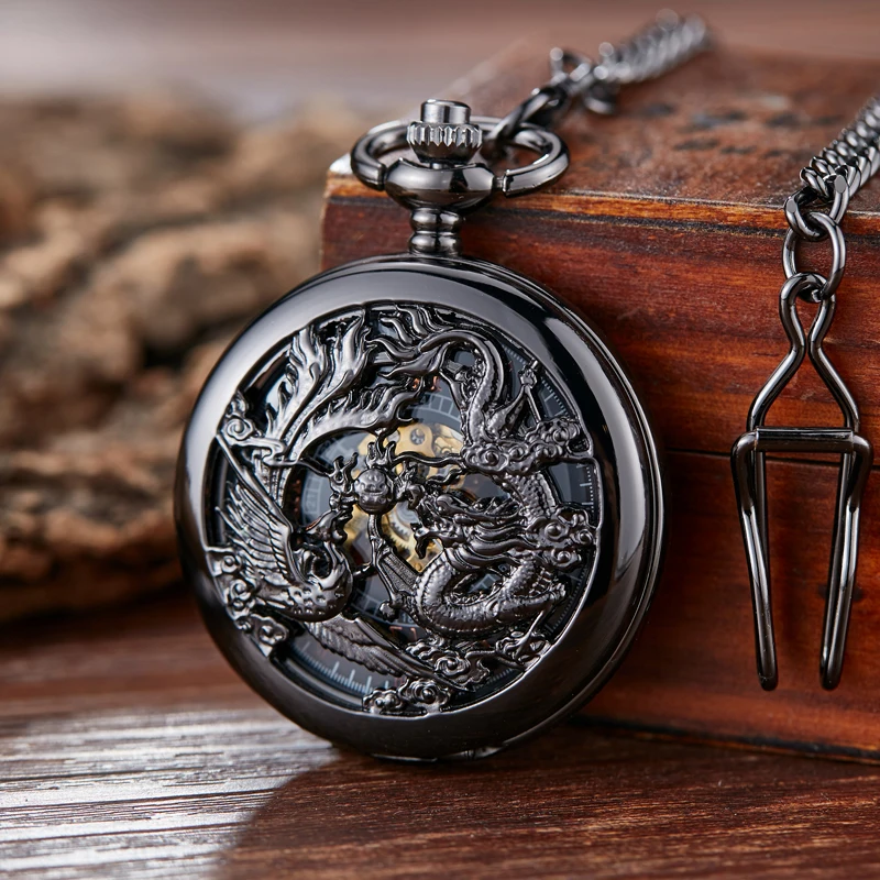 Top Trends: Retro Mechanical Pocket Watch Dragon Play Ball Steampunk Skeleton Hand-wind Flip Clock Fob Watch With Chain Double Hunter Gift Shoppable Styles