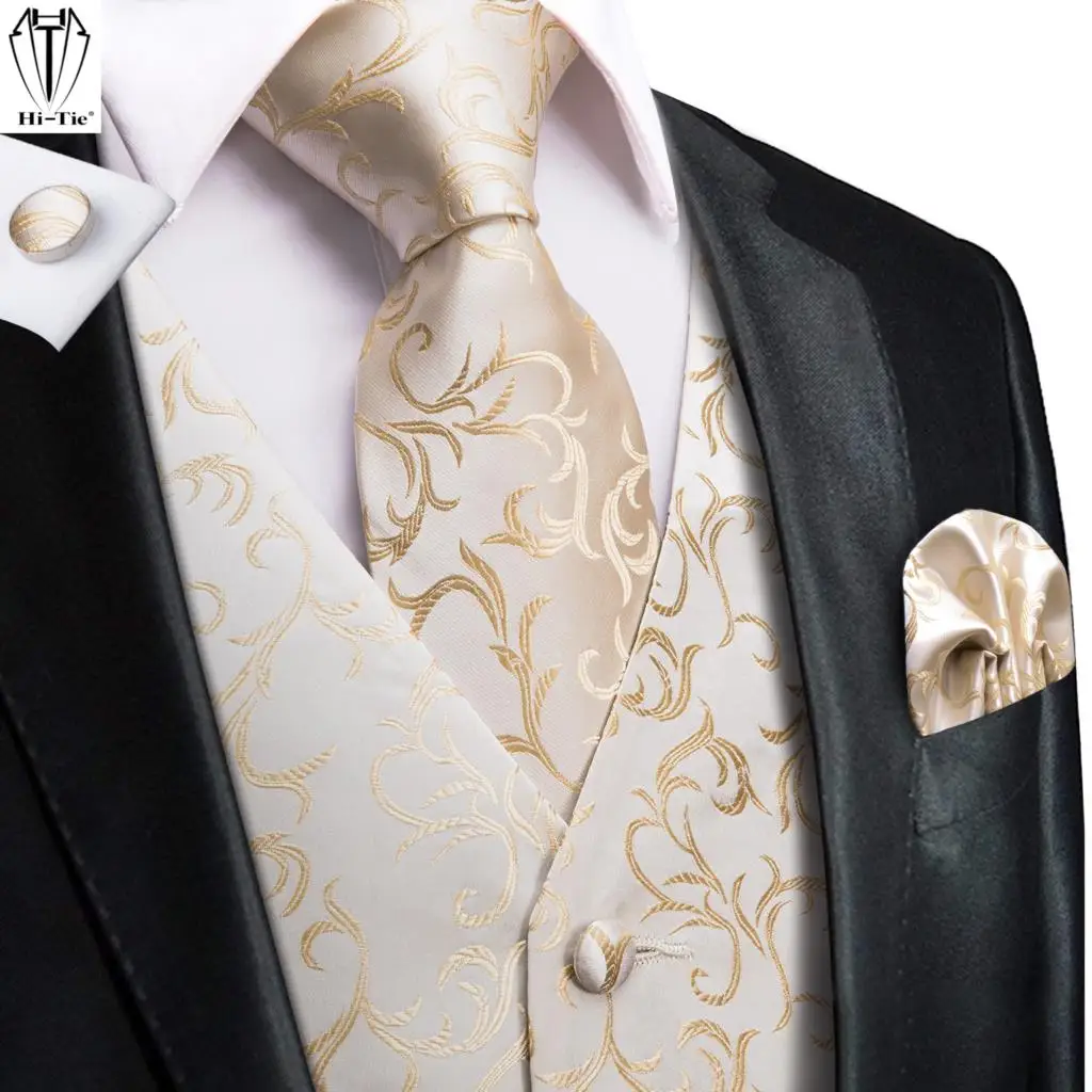 Top Trends: Hi-Tie 100% Silk Ivory Beige Champagne Gold Mens Vests Tie Hankerchief Cufflinks Set Jacquard Vine Waistcoat For Men Suit Dress Shoppable Styles