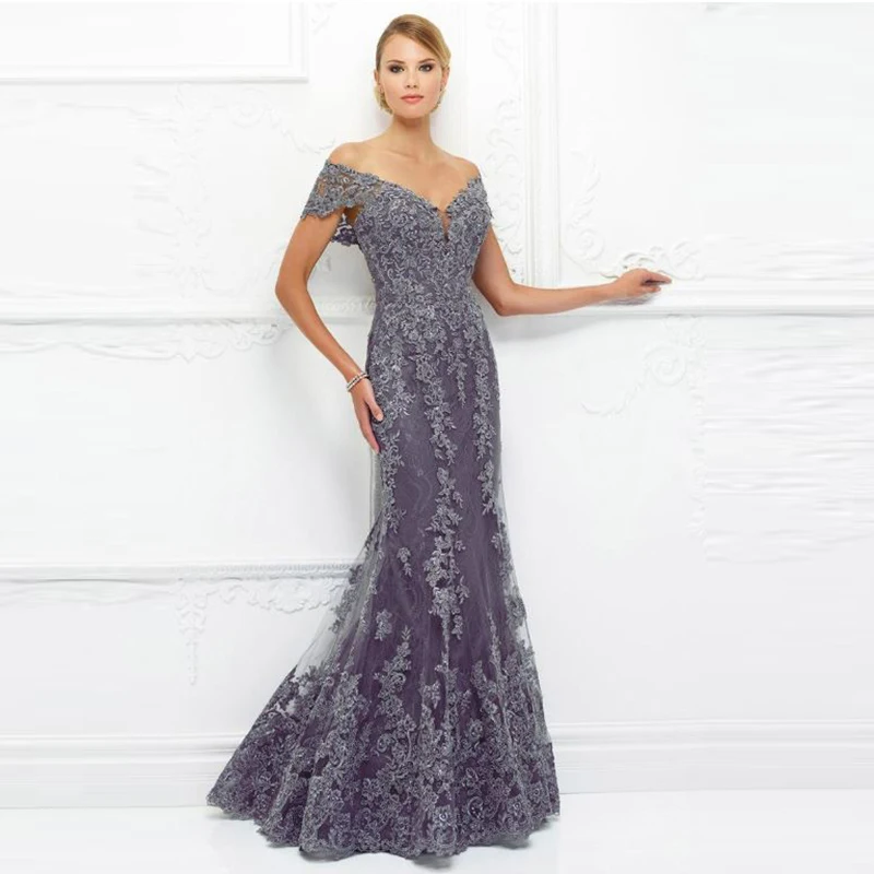 Top Trends: 2023 Elegant Old Lavender Lace Mother Of The Bride Dresses Mermaid Off Shoulder Sleeve Wedding Guest Gowns Plunge Neck Back Out Shoppable Styles