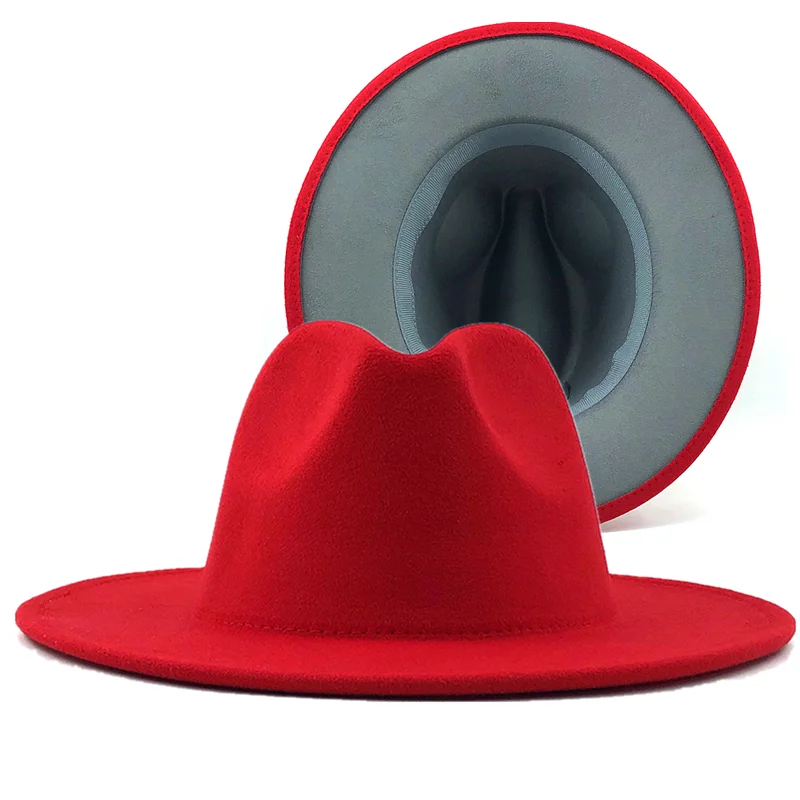 Top Trends: 60CM Red With Gray Bottom Patchwork Panama Wool Felt Jazz Fedora Hats Women Men Wide Brim Party Cowboy Trilby Gambler Hat Shoppable Styles