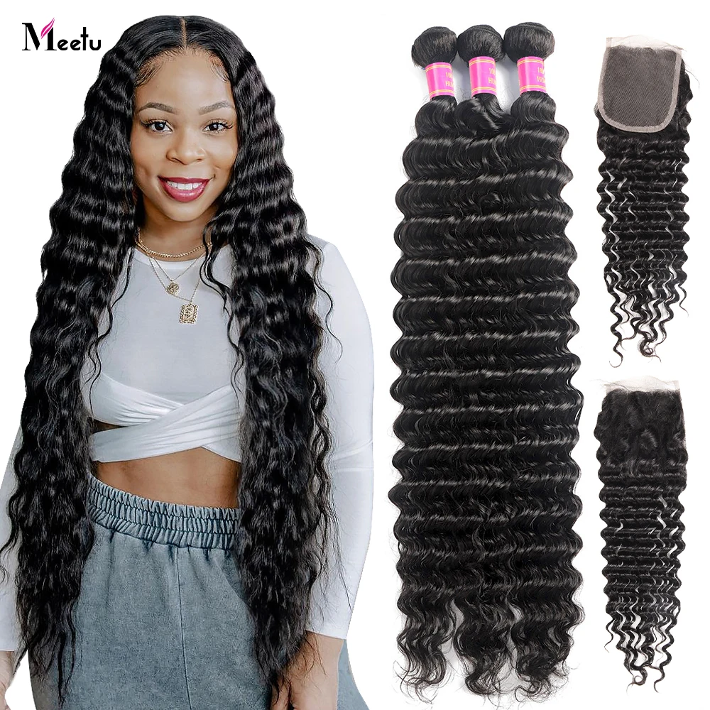 Top Trends: Meetu Deep Wave Bundles With Closure 5x5 Transparent Lace Closure With Bundles Brazilian Curly Human Hair Bundles With Closure Shoppable Styles