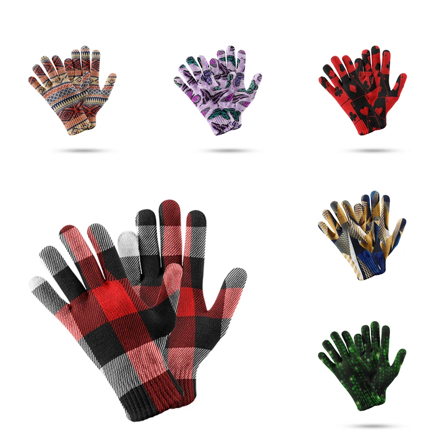 Top Trends: Fashion 3d Printed Check Pattern Warm Gloves Mobile Phone Touch Screen Five Finger Mitten Women Winter Ski Non-Slip Glove Shoppable Styles