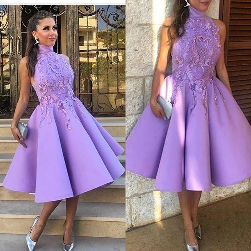 Top Trends: LSYX Purple High Neck Homecoming Dresses 2024 Sleeveless Lace Appliques Evening Dresse Satin Knee-Length A-line Party Prom Gown Shoppable Styles