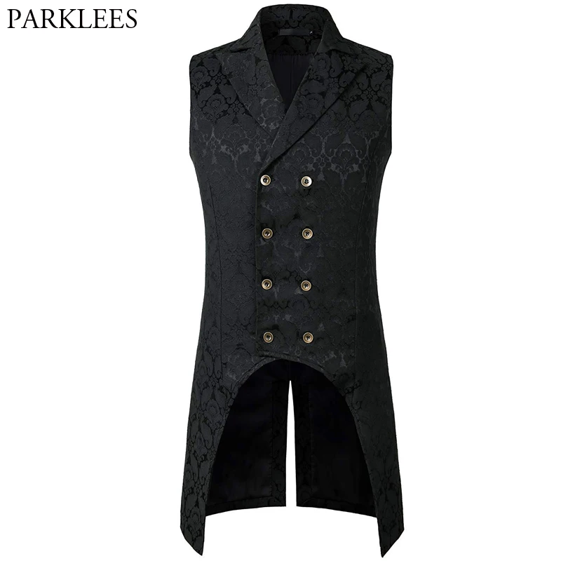 Top Trends: Mens Black Gothic Steampunk Vest 2022 Brand New Medieval Jacquard Double Breasted Vest Waistcoat Men Stage Cosplay Prom Costume Shoppable Styles