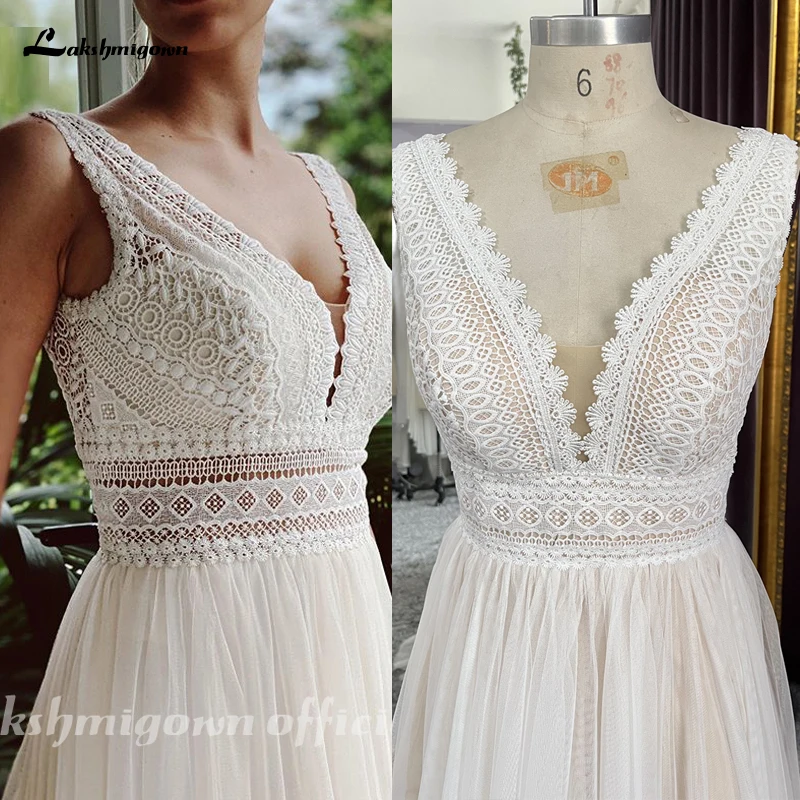 Top Trends: Lakshmigown V Neck Bohemian Wedding Dresses Lace Bridal Gowns Tulle A-Line Wedding Gown Robe De Mariee Country Gelinlik Shoppable Styles