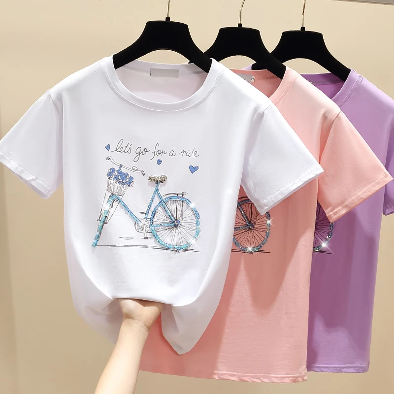 Top Trends: Gkfnmt Beading Print Pink T Shirt Summer Short Sleeve Women Top White Tshirt Cotton Korean Style T-shirt Women Clothes Shoppable Styles