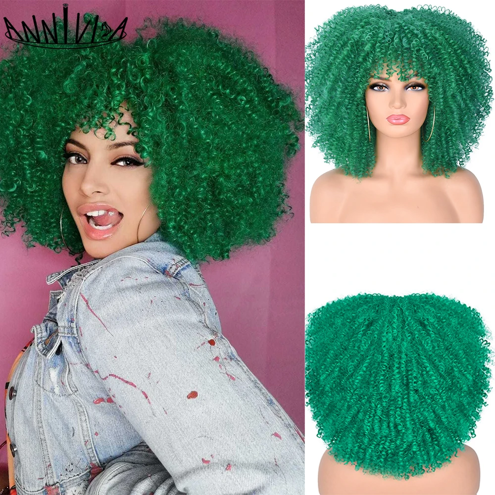 Top Trends: Short Hair Afro Kinky Curly Wigs With Bangs For Black Women Synthetic Glueless Blond Green Red Cosplay Wigs High Temperature 14“ Shoppable Styles