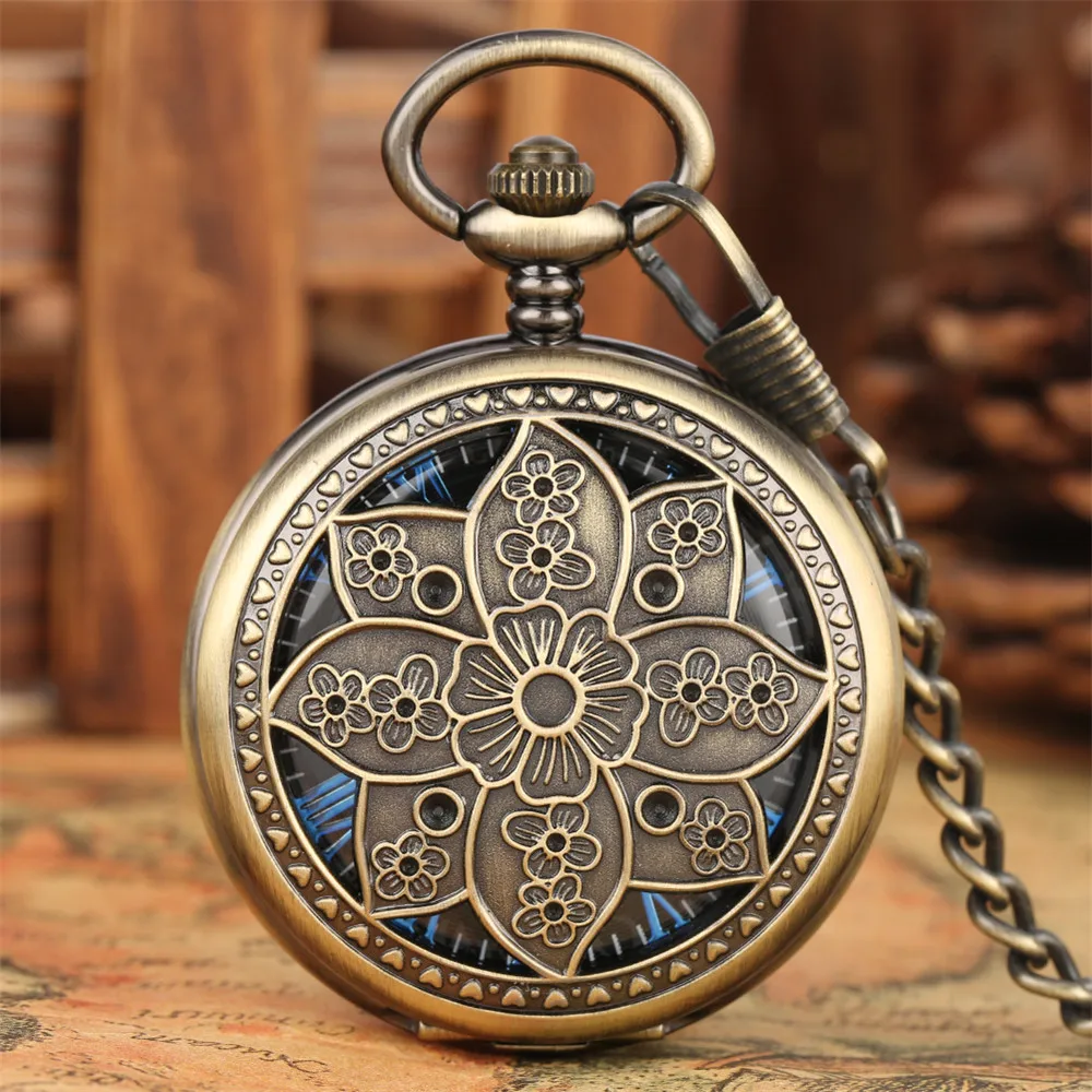 Top Trends: Bronze Lotus Flower Manual Mechanical Pocket Watch Blue Roman Numerals Display Hand Winding Pendant Clock Retro Gifts Shoppable Styles