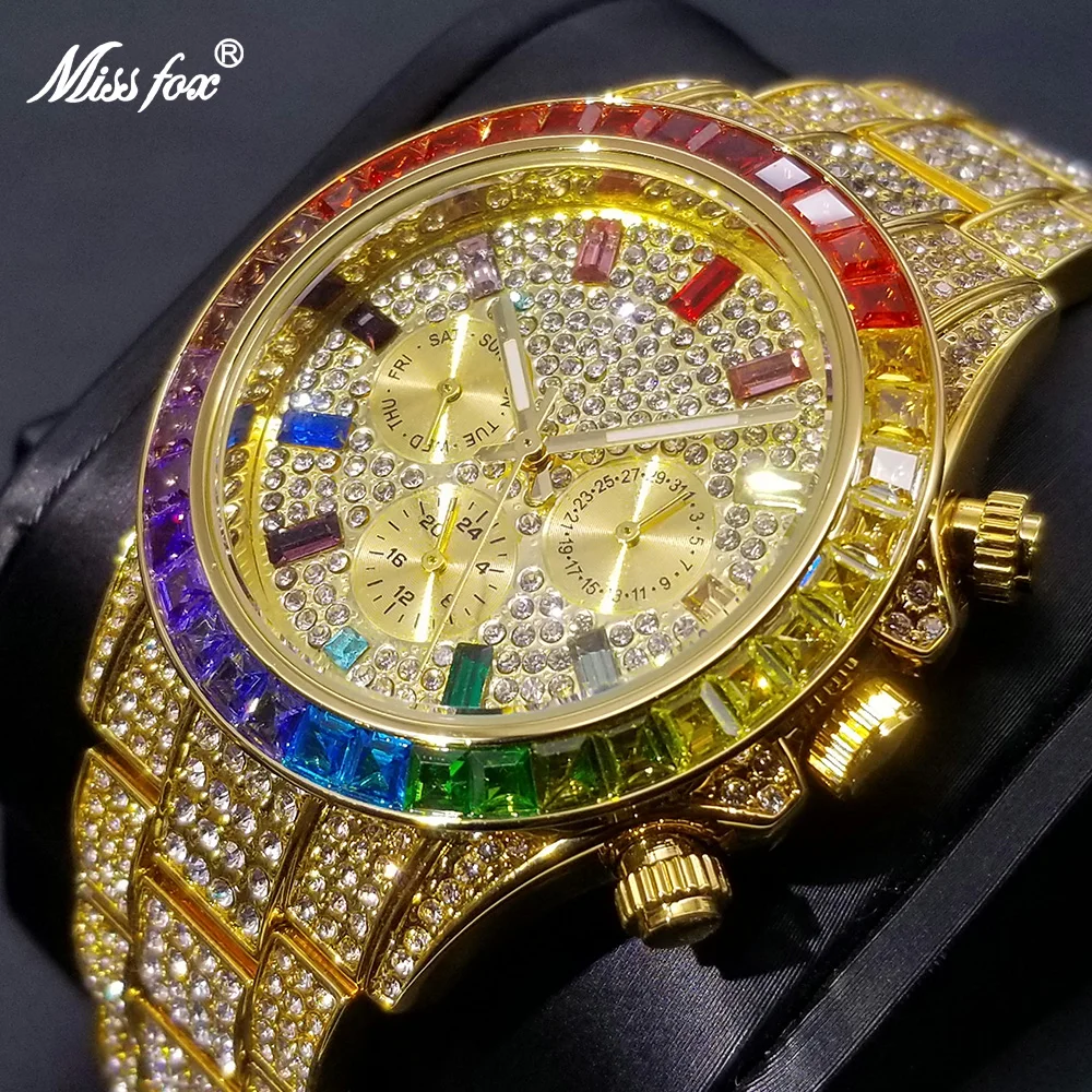 Top Trends: MISSFOX New Mens Watches Colorful Full Diamond Luxury Ice Out Calendar Quartz Watches Fashion Week Display Waterproof Clock 2021 Shoppable Styles