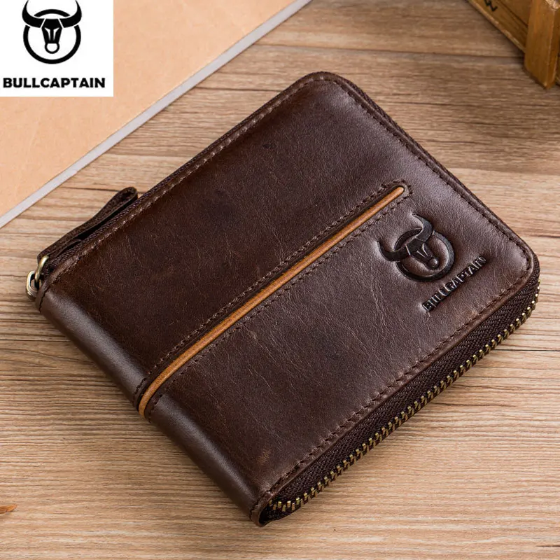 Top Trends: BULLCAPTAIN Genuine Leather Men's Wallet Vintage Zipper With Partition Clip RFID Credit Card Holder Burglar Leather Mini Wallet Shoppable Styles