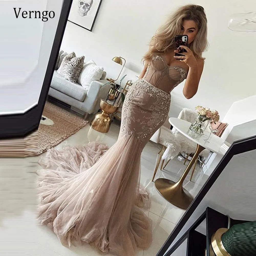 Top Trends: Verngo Stylish Champagne Mermaid Wedding Dress Heart Shape Beads Lace Tulle Skirt Fitted Sexy Bridal Gowns Long For Marriage Shoppable Styles