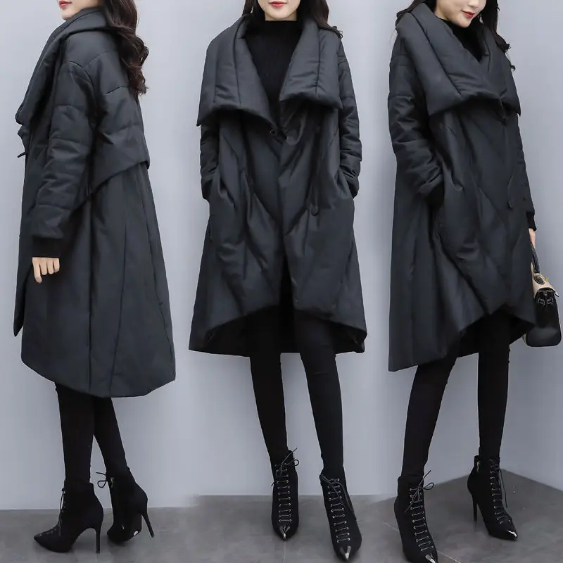 Top Trends: 2024 Winter New Women Loose Fashion Mid-length Down Padded Cotton Jacket Female Black Slimming Cloak Jacket Buttons Thickeing Shoppable Styles - Image 3