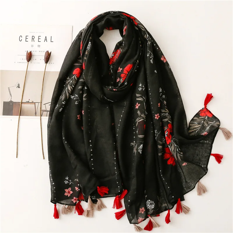 Top Trends: 2022 Autumn Lovely Black Floral Sequin Tassel Viscose Shawl Scarf High Quality Print Soft Foulards Muslim Hijab Sjaal 180*90Cm Shoppable Styles