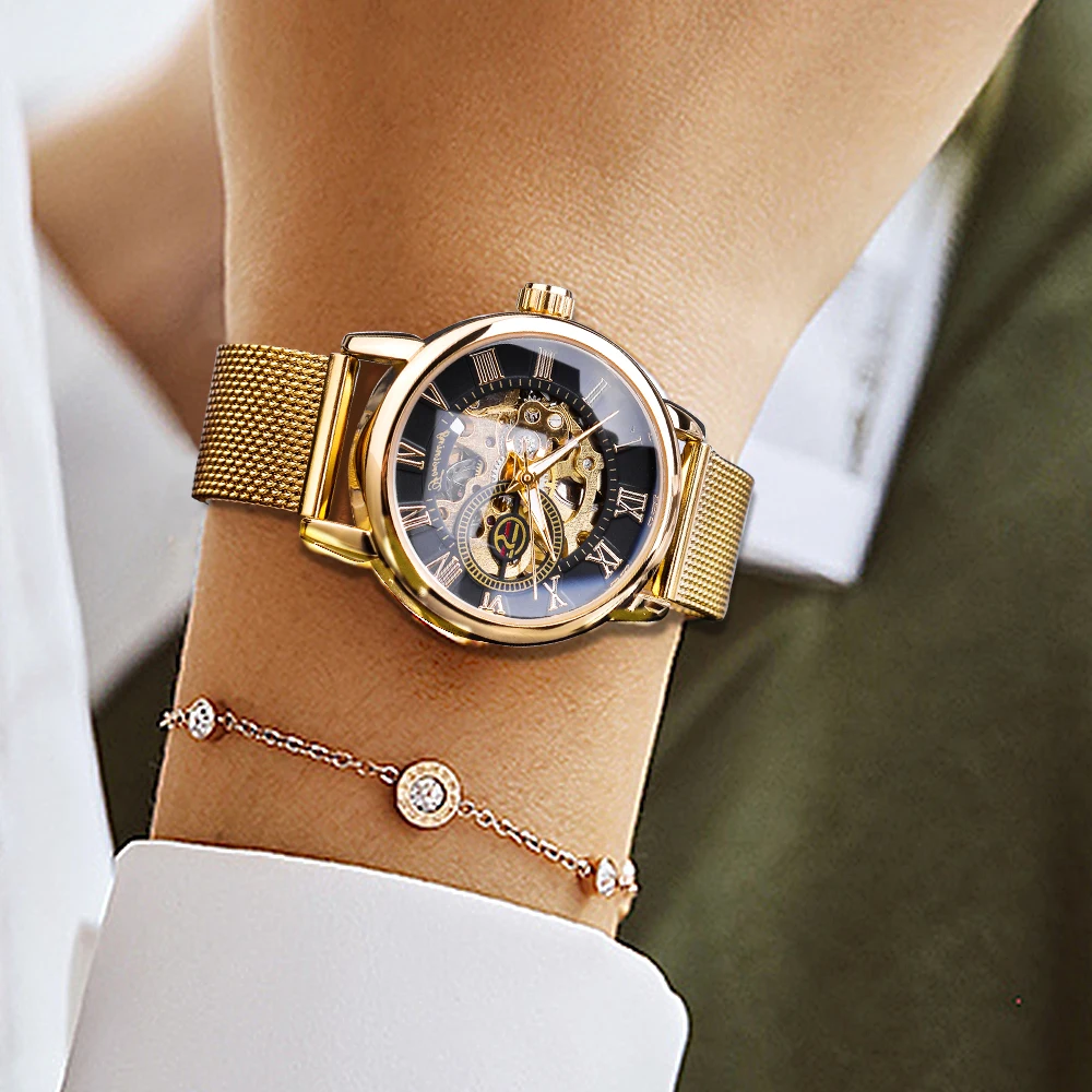 Top Trends: Forsining Fashion Luxury Rose Golden Skeleton Women Mechanical Watch Roman Numerals Transparent Watches Stainless Steel Clock Shoppable Styles