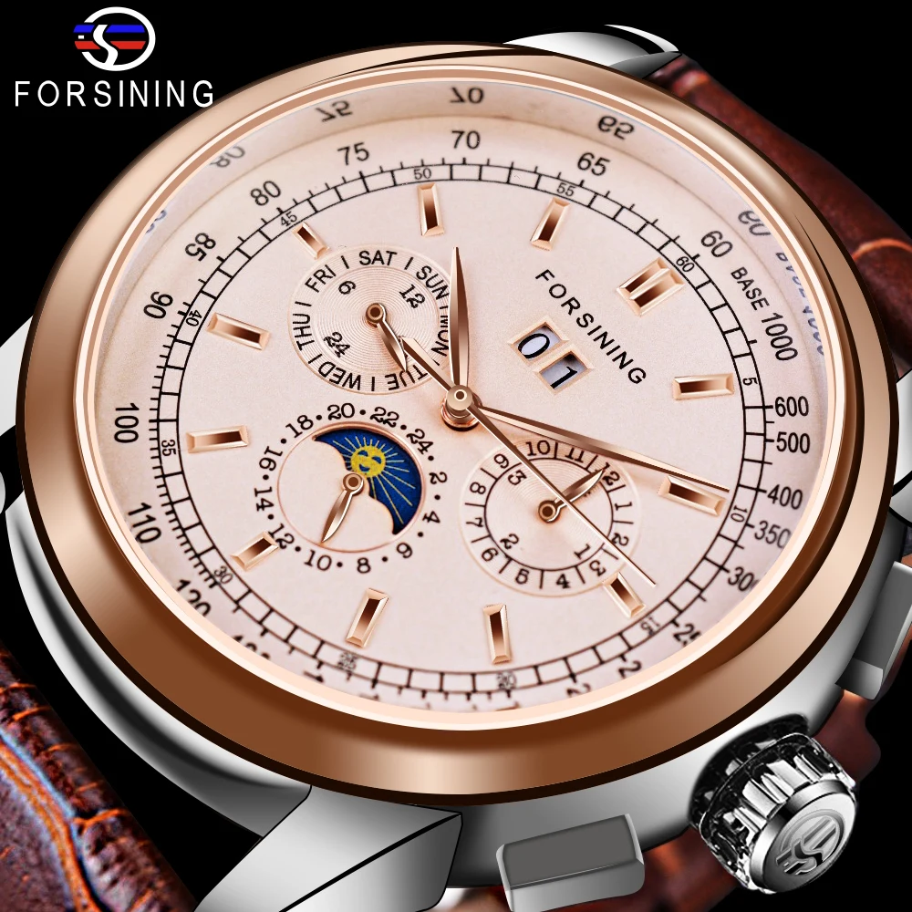 Top Trends: Forsining Moon Phase Shanghai Movement Rose Gold Case Brown Genuine Leather Strap Mens Watches Top Brand Luxury Auotmatic Watch Shoppable Styles