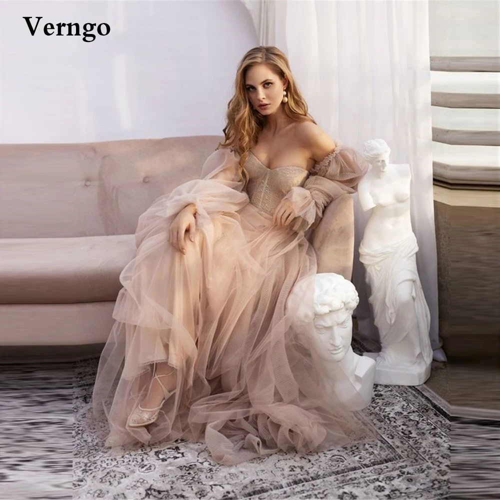 Top Trends: Verngo Dusty Pink Tulle A Line Sweetheart Wedding Dress With Detachable Puff Long Sleeves Garden Country 2024 Bridal Gowns Shoppable Styles