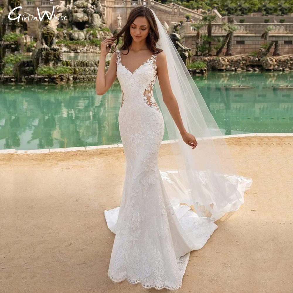 Top Trends: Sexy Illusion Waistline Lace Wedding Dress Mermaid Backless Bridal Robes Appliques Court Train Bride Dresses Vestido De Noiva Shoppable Styles