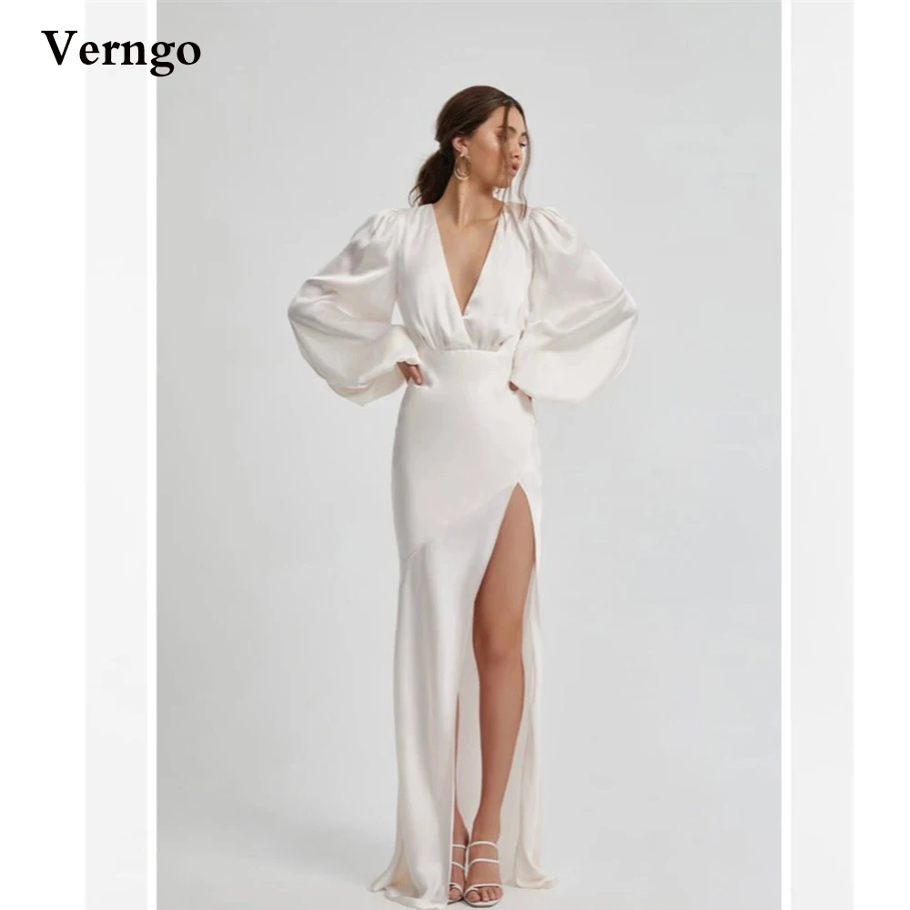 Top Trends: Verngo Simple White Silk Evening Dresses Puff Long Sleeves V Neck Side Slit Maix Women Formal Occasion Dress Custom Made Garment Shoppable Styles