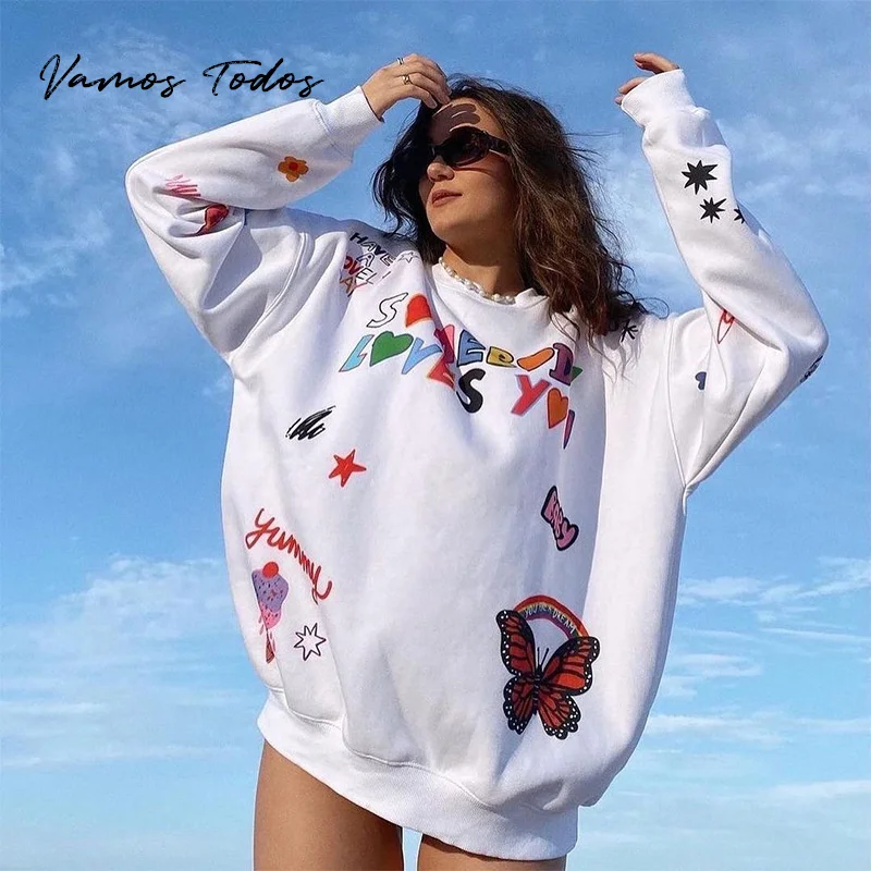 Top Trends: 2021 Autumn Letter Printed Hoodies Tops Long Sleeve O-neck Pullover Sweatshirts Women Oversized Hoodies For Women Vamos Todos Shoppable Styles