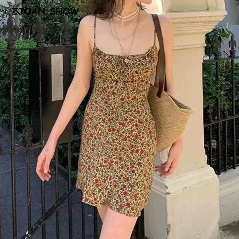 Top Trends: 2021 Summer Brown Floral Print Backless Sling Dress Summer Woman Adjust Spaghetti Strap Short Dresses Beach Holiday Vestidos Shoppable Styles