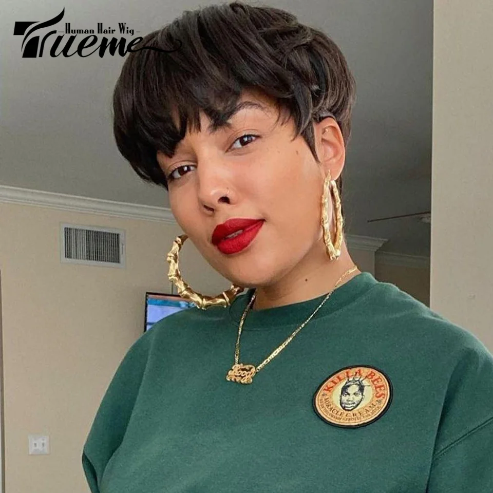 Top Trends: Trueme Short Pixie Cut Human Hair Wigs Brazilian Ombre Brown Human Hair Wig For Black Women Straight Wig With Bangs Full Wig Shoppable Styles