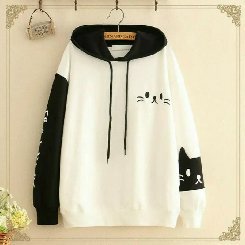 Top Trends: Womens Casual Lovely Cat Paw Pattern Hoodie Long Sleeve Kitty Cat Print Sweatshirt Hoodie Tops Female Tops Streetwear Shoppable Styles