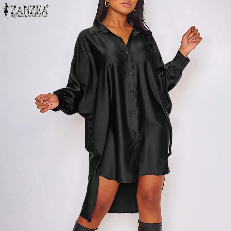 Top Trends: ZANZEA 2023 Stylish Satin Shirt Dress Women's Irregular Sundress Casual Long Sleeve Lapel Mini Vestidos Robe Shoppable Styles - Image 4