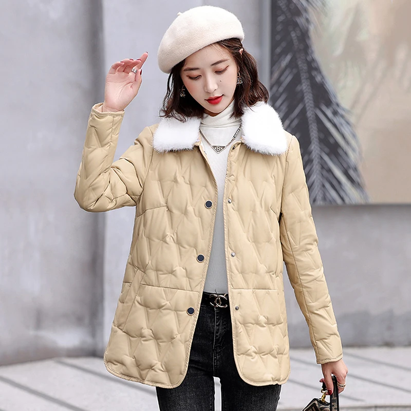 Top Trends: New Women Leather Down Jacket Autumn Winter 2023 Fashion Casual Warm Real Mink Fur Collar Loose Short Sheepskin Down Coat Shoppable Styles