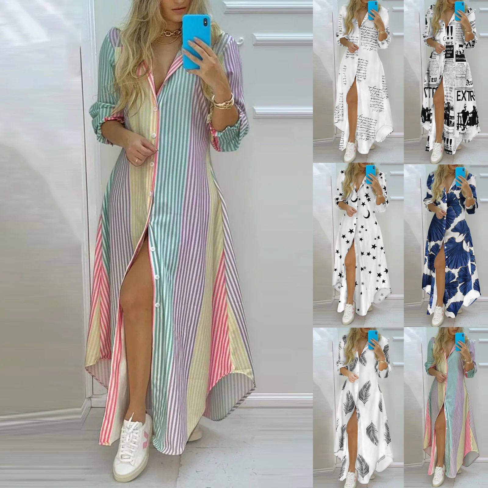 Top Trends: Women Stripe Print Long Shirt Dress Fashion Boho Beach Button Big Maxi Dress 2023 New Letter Oversized Robe Vestidos Para Mujer Shoppable Styles