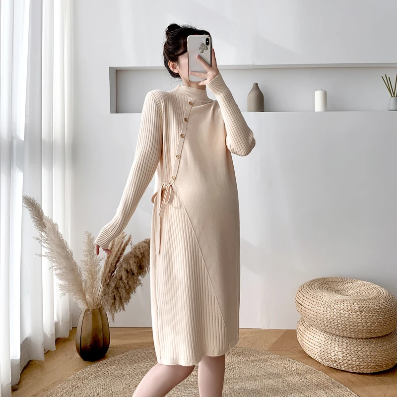 Top Trends: A261 # Autumn Winter Thick Warm Knitted Maternity Long Sweaters A Line Slim Dress Clothes For Pregnant Women Fashion Pregnancy Shoppable Styles