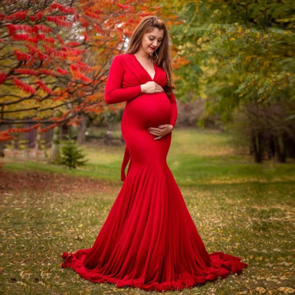 Top Trends: Long Tail Maternity Dresses Photography Props V-Neck Maxi Gown Cotton Dress Pregnant Women Pregnancy Autumn Photo Shoot Clothes Shoppable Styles