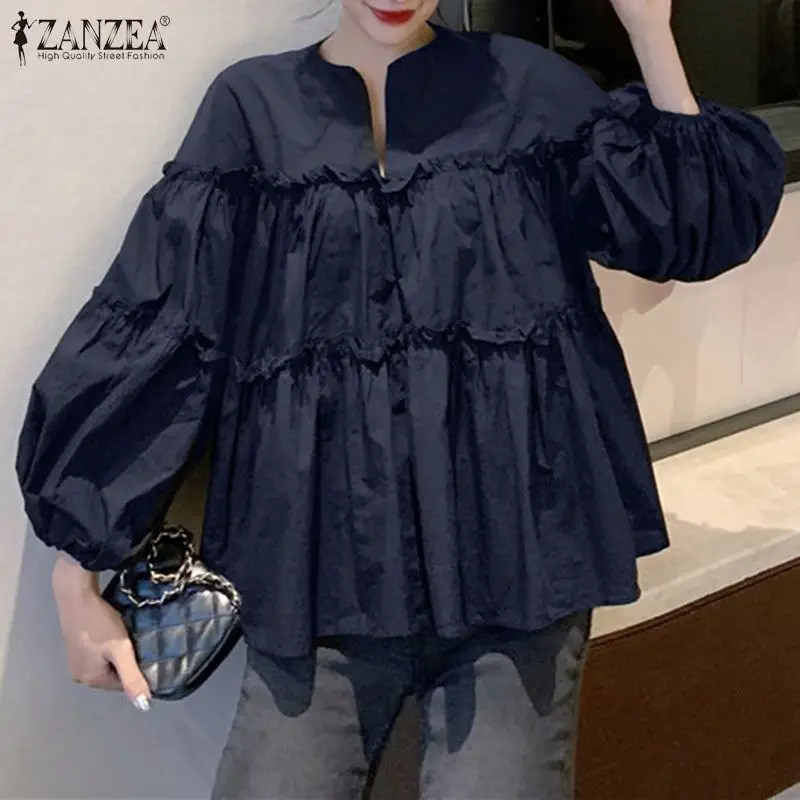 Top Trends: ZANZEA Stylish Long Puff Sleeve Korean Blouse 2023 Spring Women Solid Shirt Femininas Ruffles Party Work Blusas Mujer Tops Shoppable Styles